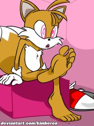 absurdres barefoot blonde_hair bottomless drool feet foot_focus fox_boy furry huge_feet kimberco male_only malesub miles_tails_prower open_mouth solo sonic_the_hedgehog_(series) spiral_eyes symbol_in_eyes text topless
