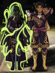  angry aura blue_eyes byleth_eisner claude_von_riegan clothed dark_skin eye_color_change femdom femsub fire_emblem fire_emblem_three_hopes fire_emblem_three_houses glowing glowing_eyes green_eyes hair_color_change hunnymzdraws long_hair looking_at_viewer meme navel outdoors possession short_hair smile sothis_(fire_emblem_three_houses) standing sword 
