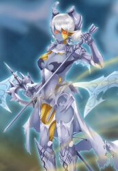  aura breasts corruption elf_ears enemy_conversion eye_color_change femsub glowing_eyes gold grey_skin huaquero_of_the_golden_land large_breasts lovely_labrynth_of_the_silver_castle orange_eyes silver_hair sword torn_clothes tunberuku weapon yu-gi-oh! 