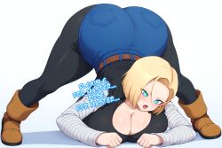  ai_art android_18 belt bent_over blonde_hair blue_eyes boots cleavage collarbone dragon_ball drool earrings empty_eyes expressionless female_only femsub huge_breasts jack-o_pose jean_shorts looking_at_viewer maledom manip minimimic_(generator) minimimic_(manipper) open_mouth short_hair simple_background stable_diffusion_(ai) text white_background 