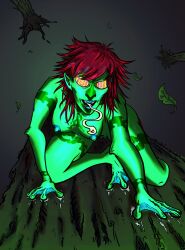 barefoot bottomless breasts demon_girl elf_ears erect_nipples female_only frog_girl hypnotic_eyes kaliss looking_at_viewer monster_girl non-human_feet nude open_mouth original red_hair short_hair tongue tongue_out topless