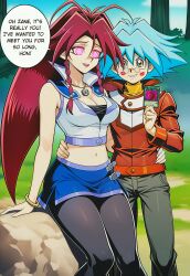  ai_art altered_perception blue_hair bracelet braid butterfly card cleavage english_text femsub glasses glowing_eyes happy_trance hellsing002_(generator) jewelry leggings lipstick lipstick_mark long_hair midriff missy_(yu-gi-oh!) necklace outdoors pink_eyes red_hair red_lipstick skirt smile smirk speech_bubble spiral spiral_eyes syrus_truesdale uniform yu-gi-oh! yu-gi-oh!_gx 