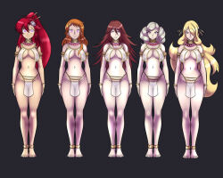  ann_takamaki arm_bands bare_legs barefoot blonde_hair bracelet breasts brown_hair collar cordelia_(fire_emblem_awakening) cynthia fire_emblem fire_emblem_awakening glowing_eyes gurren_lagann hair_covering_one_eye hair_ornament hairpin happy_trance harem_outfit katsiika large_breasts light_skin loincloth long_hair multiple_girls multiple_subs nami_(one_piece) navel necklace nintendo nipples one_piece orange_hair persona_(series) persona_5 pink_eyes pokemon pokemon_diamond_pearl_and_platinum ponytail pussy red_hair see-through simple_background smile standing standing_at_attention tan_skin twintails very_long_hair white_hair yoko_littner 