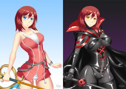 before_and_after blue_eyes breasts cape corruption corset empty_eyes femsub gradient_background hadant happy_trance kairi kingdom_hearts large_breasts latex long_hair red_hair signature simple_background solo thighhighs weapon yellow_eyes