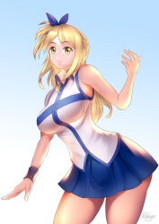 blonde_hair bracers brown_eyes corruption fairy_tail female_only gradient_background hadant hair_ribbon lucy_heartfilia miniskirt ribbon side_ponytail signature simple_background skirt solo yellow_eyes