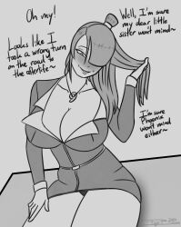 accidental_hypnosis ace_attorney blush breast_expansion breasts capcom cleavage eagle_bacon english_text female_only femdom femsub hair_covering_one_eye happy_trance long_hair maya_fey mia_fey ponytail possession smile text