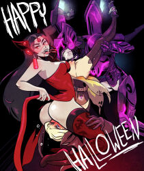 alternate_costume armor black_hair blonde_hair blush cleavage cunnilingus evil_smile fangs femsub glowing glowing_eyes grey_skin high_heels long_hair mercy my_pet_tentacle_monster open_clothes oral overwatch pharah possession smile sub_on_sub symmetra text tongue tongue_out vampire western witch yuri