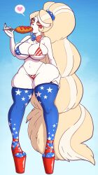  bikini bikini_bottom bikini_top bimbofication blonde_hair breast_expansion breasts charlie_(hazbin_hotel) drool flag_bikini food hazbin_hotel heart high_heels large_ass large_breasts long_hair symbol_in_eyes thighhighs tongue tongue_out transformation wrenzephyr2 