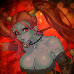  aura bare_shoulders blue_skin breasts cleavage clothed dai_(miyaka_uc) dragon_quest_(series) dragon_quest_viii dress earrings femsub flame jessica_albert jewelry large_breasts magic nail_polish necklace orange_hair possession red_eyes rhapthorne square_enix staff twintails veins weapon 