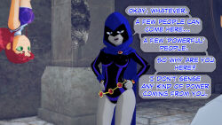 cloak clothed dc_comics dialogue dogdog english_text green_eyes grey_skin multiple_girls purple_eyes raven red_hair starfire text