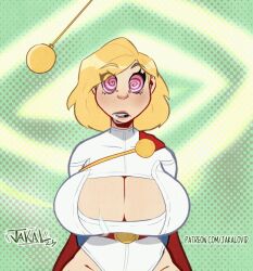  animated animated_gif arms_behind_back blonde_hair breasts cape cleavage cleavage_cutout dc_comics drool english_text expressionless female_only femsub green_background huge_breasts jakalovid light_skin pendulum power_girl short_hair signature solo spiral_background spiral_eyes super_hero text western 