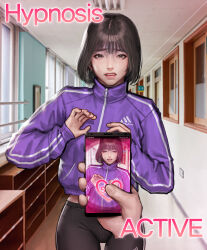  absurdres annie_dick aware brown_eyes brown_hair cell_phone comic earrings female_only femsub hard_translated hypnosis_education jacket jewelry kidmo_(kimdonga) leggings phone short_hair tech_control text tomboy translated 