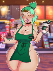 amity_blight apron bimbofication breasts cleavage disney drool elf_ears female_only green_hair happy_trance heart heart_eyes large_breasts naked_apron open_mouth ponytail short_hair starbucks symbol_in_eyes text the_owl_house wrenzephyr2