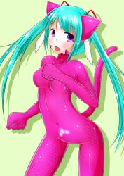 blue_eyes blush bodysuit catsuit crotch_tattoo cyan_hair fake_animal_ears fake_tail female_only femsub glowing green_background latex looking_at_viewer nezumi open_mouth purple_eyes rubber simple_background small_breasts solo standing tail tech_control tongue tongue_out twintails