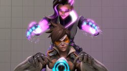  3d animated animated_gif breasts clothed dazed empty_eyes evil_smile expressionless female_only femdom femsub glowing goggles human_puppet large_breasts long_hair mole open_mouth overwatch puppet seamless short_hair smile sombra_(overwatch) source_filmmaker tongue tracer 