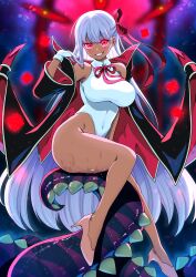  absurdres alternate_costume aura bare_legs bare_shoulders bb_(fate/extra_ccc) breasts cloak coat control_indicator corruption dark_skin eldritch evil_smile eye_color_change fate/extra fate/extra_ccc fate/grand_order fate_(series) femsub gloves glowing glowing_eyes hair_ribbon harurukan high_heels large_breasts legs leotard looking_at_viewer nyarlathotep open_clothes possession purple_hair red_eyes ribbon smile tan_skin tentacles thick_thighs thighs very_long_hair 