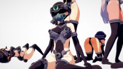 3d all_fours ass bare_shoulders black_hair blindfold blonde_hair breasts female_only femsub gas_mask gloves helmet high_heels kneeling koikatsu! large_breasts leotard long_hair multiple_girls multiple_subs navel on_back open_mouth opera_gloves pasties sakuragi_yu short_hair simple_background standing tan_lines tan_skin tech_control thigh_boots thighhighs tongue tongue_out very_long_hair white_background 