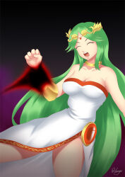 bracelet breasts cleavage closed_eyes femsub goddess gradient_background green_hair hadant kid_icarus large_breasts long_hair nintendo open_mouth palutena signature simple_background