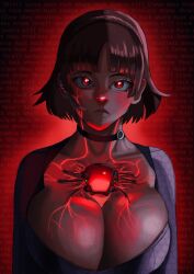  bangs bodysuit brown_hair choker cleavage collarbone corruption expressionless female_only femsub foolycooly glowing glowing_eyes huge_breasts looking_at_viewer makoto_niijima p30 persona_(series) persona_5 red_background red_eyes resident_evil resident_evil_5 short_hair solo tech_control tied_hair tight_clothing veins 