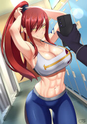  abs armpits arms_above_head arms_behind_back blush castell cell_phone cleavage erza_scarlet exposed_chest fairy_tail female_only femsub glowing_eyes gym_uniform happy_trance large_breasts large_hips leggings long_hair manip midriff misterman4_(manipper) muscle_girl ponytail red_hair smile spiral_eyes sweat tagme tech_control yoga_pants 