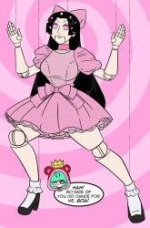 black_hair boa_hancock collar crown dialogue doll_joints dollification dress female_only femdom femsub green_hair hair_ribbon happy_trance long_hair maggotmike one_piece puppet puppetization ring_eyes speech_bubble spiral_background sugar_(one_piece) text