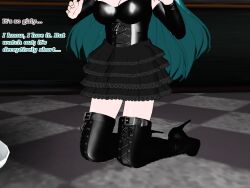 3d boots cleavage corset cyan_hair flamekin ghost_girl gothification high_heels large_breasts leather long_hair possession skirt text transgender