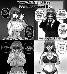 blush chadjacker cleavage drool english_text femsub greyscale huge_breasts large_breasts lingerie looking_at_viewer mother_and_daughter multiple_views original possession simple_background speech_bubble suit sunglasses sweat tie tongue tongue_out yandere