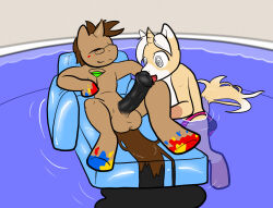 animals_only bottomless brown_hair erection fellatio furry hooves horns horse horse_penis immelmann licking lying maledom malesub my_little_pony non-human_feet non-human_penis nude penis pool spiral_eyes symbol_in_eyes topless unicorn yaoi