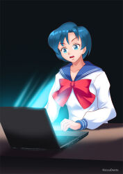  blue_hair breasts computer female_only gradient_background hadant large_breasts open_mouth sailor_mercury sailor_moon_(series) school_uniform short_hair signature simple_background solo watermark 