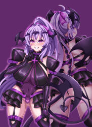  ahoge ass aura blush cameltoe cleavage collar crotch_cutout crotch_tattoo empty_eyes garter_straps gloves hair_ornament heart large_breasts leotard looking_at_viewer mountain_boomer opera_gloves original ponytail purple_background purple_eyes purple_hair ribbon shoulder_pads sideboob simple_background skirt smile standing tail tattoo thigh_boots thighhighs tight_clothing wings 