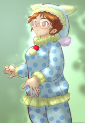  alternate_costume blush brown_eyes brown_hair clown clown_girl clownification empty_eyes expressionless female_only femsub futaba_mitsuse glasses green_background hat santa_hat short_hair silfeed simple_background solo standing tetsujin_28_fx 