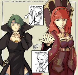 alm_(fire_emblem) alternate_costume alzul-blue bad_end breasts celica_(fire_emblem) cleavage corruption cosplay crossdressing defeated dress english_text evil_smile eyepatch femdom femsub fire_emblem fire_emblem_echoes fire_emblem_gaiden green_hair hand_on_head hand_on_hip happy_trance jedah_(fire_emblem) kaen long_hair long_tongue looking_at_viewer maledom malesub nintendo nuibaba_(fire_emblem) orange_hair possession short_hair smile speech_bubble text thighhighs thighs tongue tongue_out