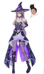 a_(adzrcool45) black_hair breast_fondling breasts brown_hair cleavage clothed dress eye_color_change femsub glowing_eyes hat herta_(honkai_star_rail) honkai_star_rail large_breasts maledom original red_eyes shoes short_hair simple_background speech_bubble very_long_hair white_background witch_hat yang_yang