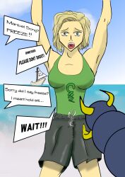  arms_above_head beach before_and_after blonde_hair breasts copperpajamas dialogue green_eyes gun large_breasts male_pov maledom open_mouth original pov pov_dom raygun resisting short_hair shorts speech_bubble swimsuit tank_top tech_control text transformation 