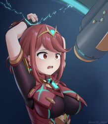  arms_above_head breasts brown_eyes clothed maozi_dan nintendo open_mouth pyra_(xenoblade) red_hair restrained xenoblade_chronicles xenoblade_chronicles_2 