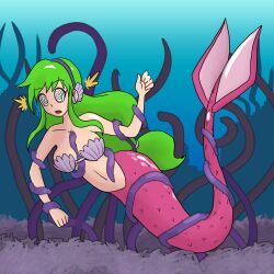 cleavage female_only femsub gambarre_goemon green_hair hypnotic_accessory mermaid mythkaz open_mouth restrained spiral_eyes symbol_in_eyes tagme tech_control tentacles yae_(goemon) 