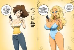  absurdres alternate_costume ass_expansion before_and_after bimbofication blonde_hair breast_expansion breasts brown_hair cleavage female_only femsub huge_breasts jeans kobi94 large_breasts makeup phone speech_bubble text transformation unaware 