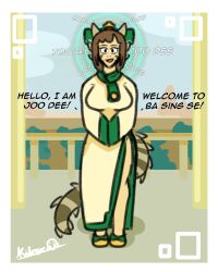 avatar_the_last_airbender brown_hair dress empty_eyes expressionless female_only femsub happy_trance horns joo_dee kilroylucy18 lizard_girl lucy_theodulf_(kilroylucy) original outdoors smile standing standing_at_attention subliminal tail