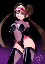  black_background blue_eyes boots breast_grab breasts brown_hair cap corruption empty_eyes enemy_conversion evil_smile eyeshadow female_only femsub gloves gradient_background hair_ornament hat high_heels leotard lipstick looking_at_viewer makeup miniskirt navel nintendo opera_gloves pokemon pokemon_black_and_white_2 purple_hair rosa_(pokemon) see-through signature simple_background skirt smile solo team_rocket thigh_boots thighhighs twintails yamimochi 