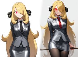 ai_art angry blonde_hair breasts cx9000_(generator) cynthia expressionless glowing_eyes hair_covering_one_eye hair_ornament nintendo pantyhose pokemon pokemon_diamond_pearl_and_platinum red_eyes sequence simple_background skirt suit teacher tie tight_clothing very_long_hair white_background