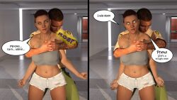  3d absurdres bare_shoulders before_and_after brown_hair clothed collarbone comic crop_top dialogue expressionless femsub hexxet hug jean_shorts large_breasts layla_evans maledom navel resisting restrained shirt short_hair short_shorts shorts source_request speech_bubble standing tagme tank_top tattoo text the_gift tomboy unaware white_eyes whitewash_eyes 