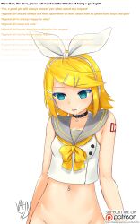 blonde_hair bottomless bow cum cum_in_mouth cum_on_body cum_on_face empty_eyes expressionless female_only femsub headphones open_mouth piercing rin_kagamine short_hair solo text vahn_yourdoom vocaloid
