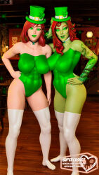  3d blender bracers choker dc_comics female_only femsub glowing_eyes green_eyes green_lipstick green_skin hand_on_head hand_on_hip happy_trance hat huge_breasts leotard light_skin lipstick long_hair looking_at_viewer makeup marvel_comics mary_jane_watson multiple_girls multiple_subs open_mouth poison_ivy red_hair signature smile st._patrick&#039;s_day standing supercasket thighhighs 