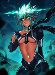  alternate_costume alternate_hair_color alternate_hairstyle breasts collar corruption earrings evil_smile expressionless female_only femsub fingerless_gloves gloves glowing glowing_eyes green_eyes jewelry league_of_legends midriff navel_piercing qtori ruination scarf small_breasts smile solo standing taliyah_(league_of_legends) tan_skin underboob white_hair 