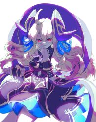 ahoge alternate_costume alternate_eye_color blonde_hair breasts cleavage clothed corruption cygames dragalia_lost dress evil_smile femsub glowing_eyes hair_ribbon horns large_breasts meiiibee morsayati nintendo possession red_eyes ribbon royalty simple_background smile very_long_hair white_background zethia