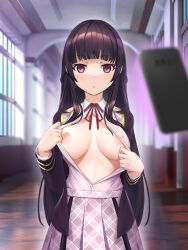  blush breasts cell_phone dobunezumi empty_eyes erect_nipples expressionless femsub large_breasts long_hair looking_at_viewer open_clothes original pov pov_dom school_uniform skirt solo standing standing_at_attention tech_control undressing 