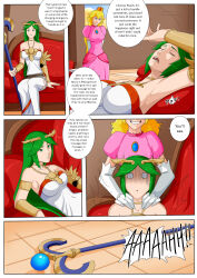 blonde_hair breasts comic earrings gloves green_hair kid_icarus long_hair nintendo oo_sebastian_oo palutena princess_peach super_mario_bros. text thighhighs thighs