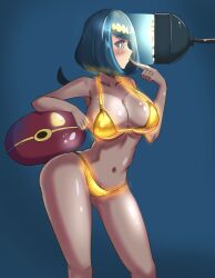  bikini cleavage femsub glowing golden_swimsuit hypnotic_screen lana's_mother large_breasts midriff milf nintendo pokemon smeef spiral spiral_eyes tagme tv 
