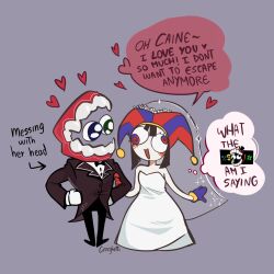 aware caine_(the_amazing_digital_circus) crazghetti femsub heterochromia jester maledom nightmare_fuel pomni speech_bubble spiral spiral_eyes suit symbol_in_eyes tagme text the_amazing_digital_circus thought_bubble wedding_dress