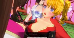 3d blonde_hair blue_eyes breasts brown_hair curly_hair dialogue female_only femdom femsub hat japanese_clothing kamen_writer_mc kimono large_breasts magician mc_trap_town multiple_girls multiple_subs screenshot spiral_eyes symbol_in_eyes text twintails